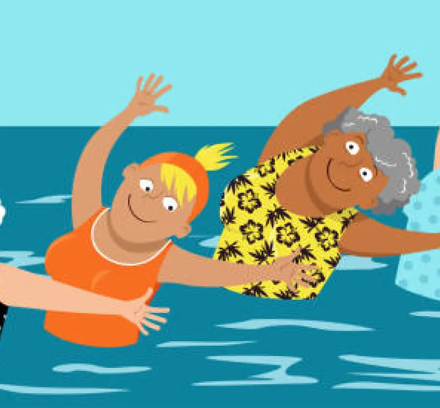 Karikatur von vier Frauen, die im Meer Wassergymnastik machen.