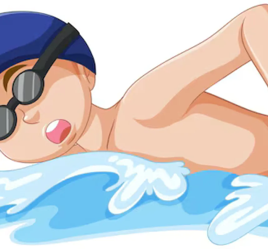 Karikatur eines Schwimmers mit Badekappe und Schwimmbrille im Kraul.