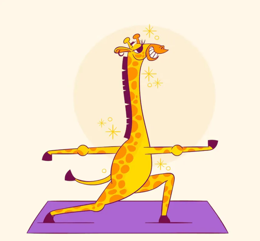 Karikatur einer Giraffe, die Yoga macht.