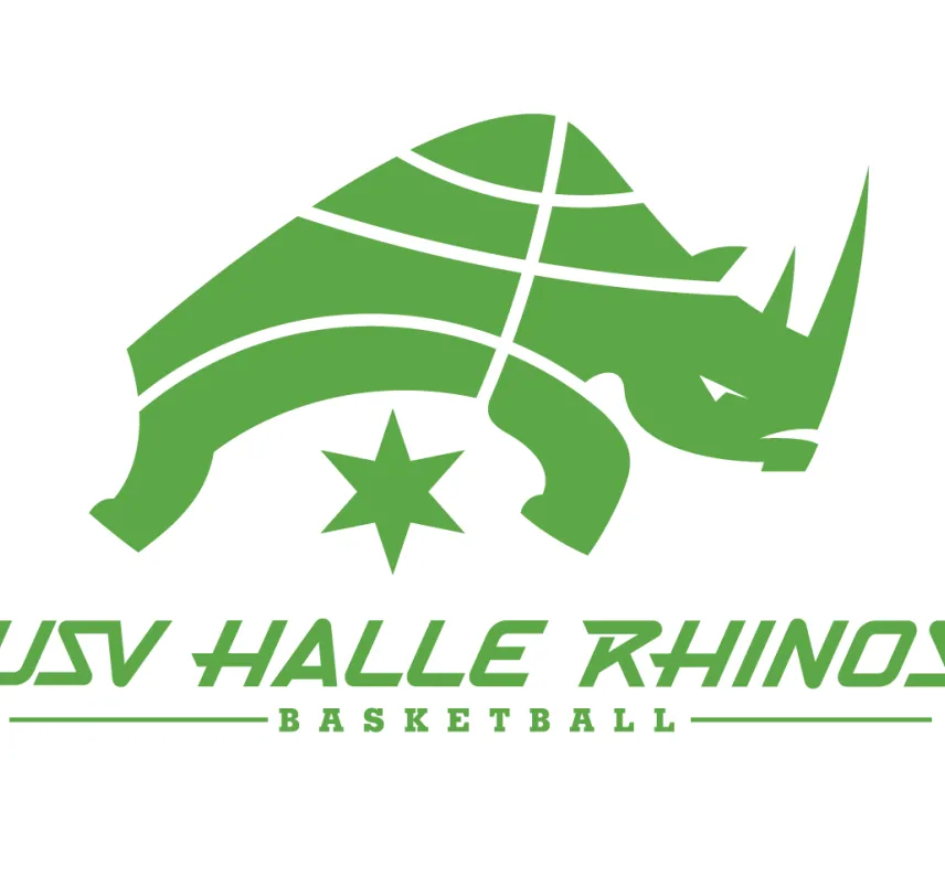 Gr&uuml;ner Umriss eines Nashorns und Text "USV Halle Rhinos"