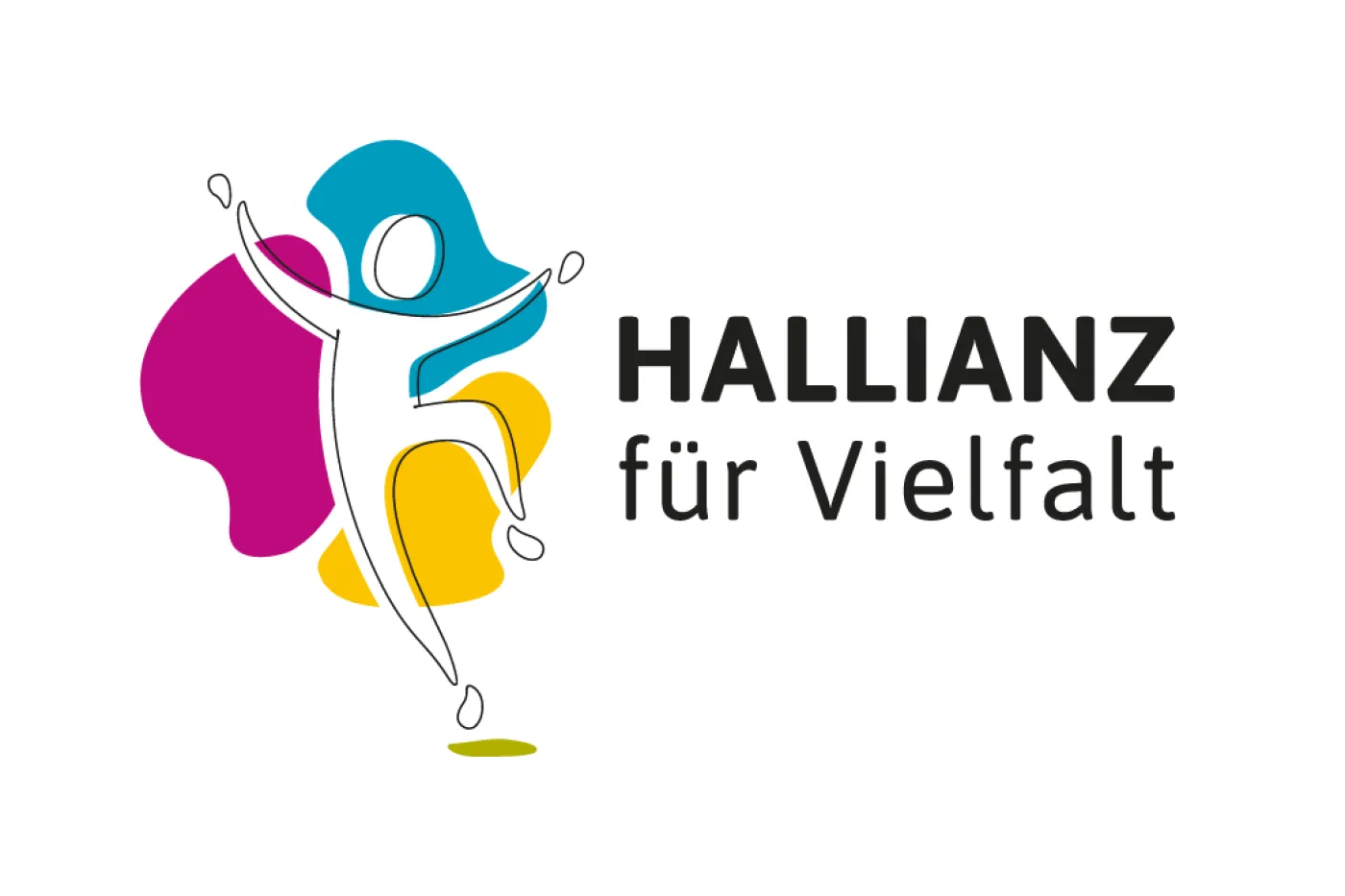 Logo HALLIANZ: Name der Organisation und daneben ein weißes, jubelndes Männchen vor einem blau-rot-gelben Farbklecks.