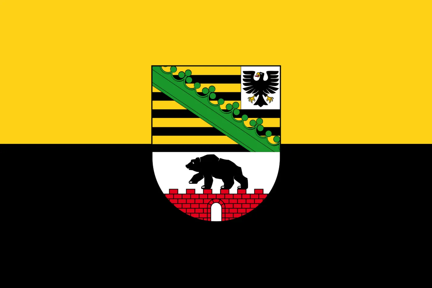 Wappen Sachsen-Anhalt Logo Sachsen-Anhalts (Bär auf Mauer, Sachsen-Wappen, Adler) auf gelb-schwarzem Hintergrund.