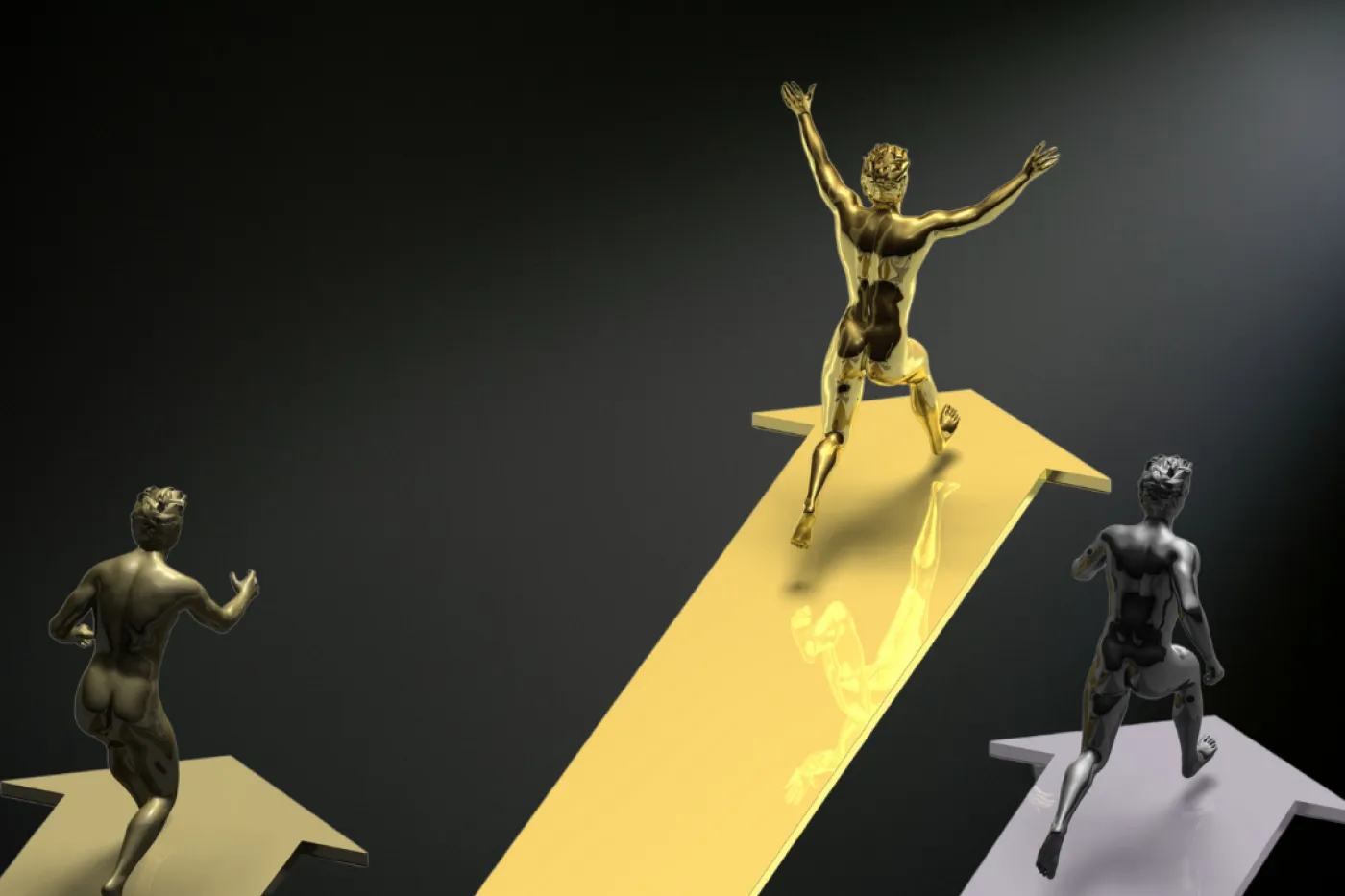 Sportlerfiguren in Gold, Silber und Bronze laufen auf gleichfarbigen Pfeilen.