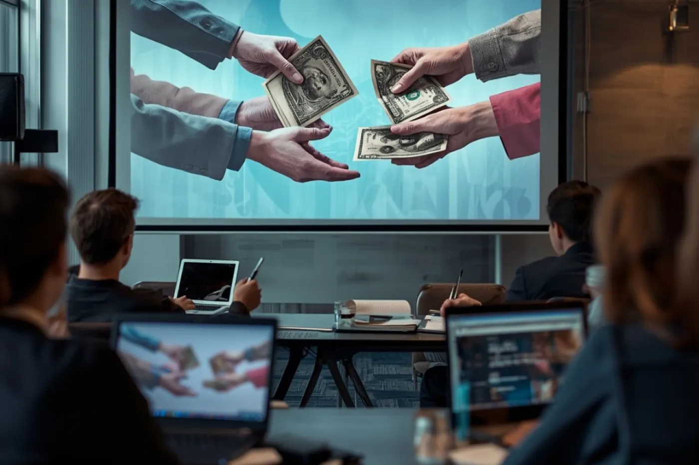 Menschen sitzen mit Laptops im Seminar, auf einer Leinwand reichen mehrere H&auml;nde Geldscheine