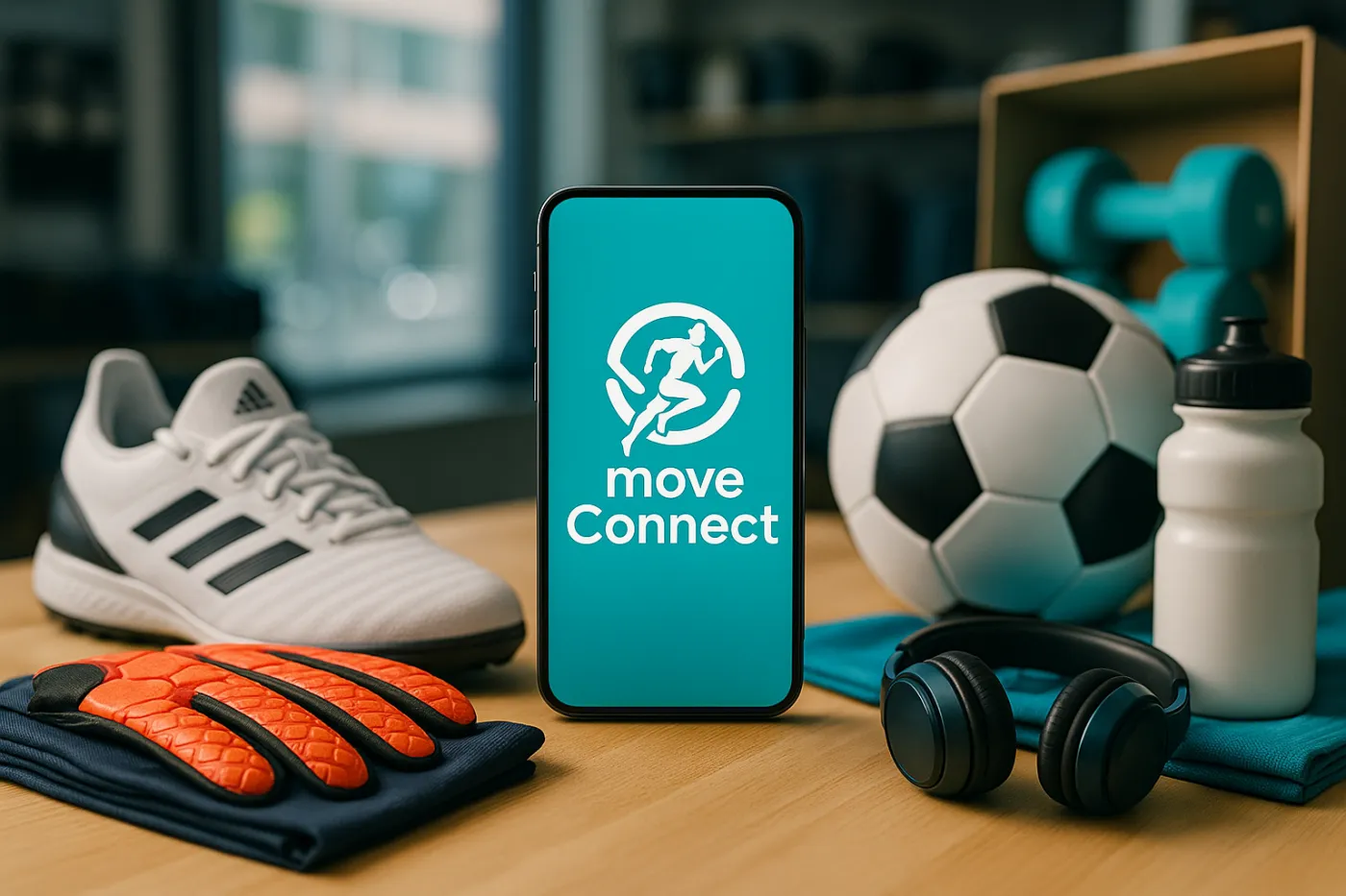 auf einem Tisch sieht man Sportartikel wie Schuhe und B&auml;lle und ein Handy mit Logo der moveConnect-App
